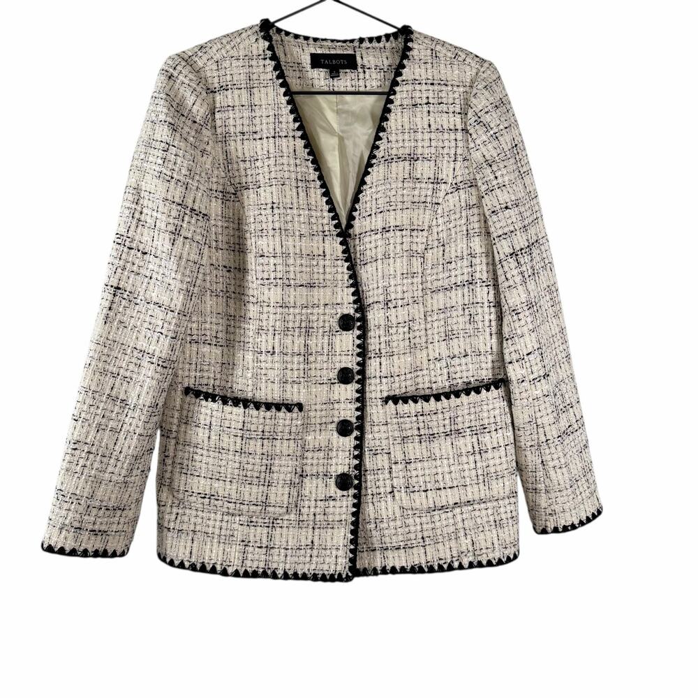 Talbots Tipped Tweed Blazer White & Black Button Corpcore Office Workwear Sz 6 - Picture 5 of 11